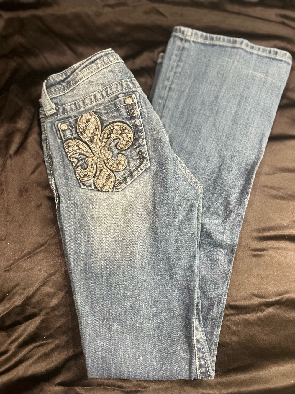 Miss Me Light Wash Boot Cut Jeans with Jeweled Fleur-de-Lis Pocket